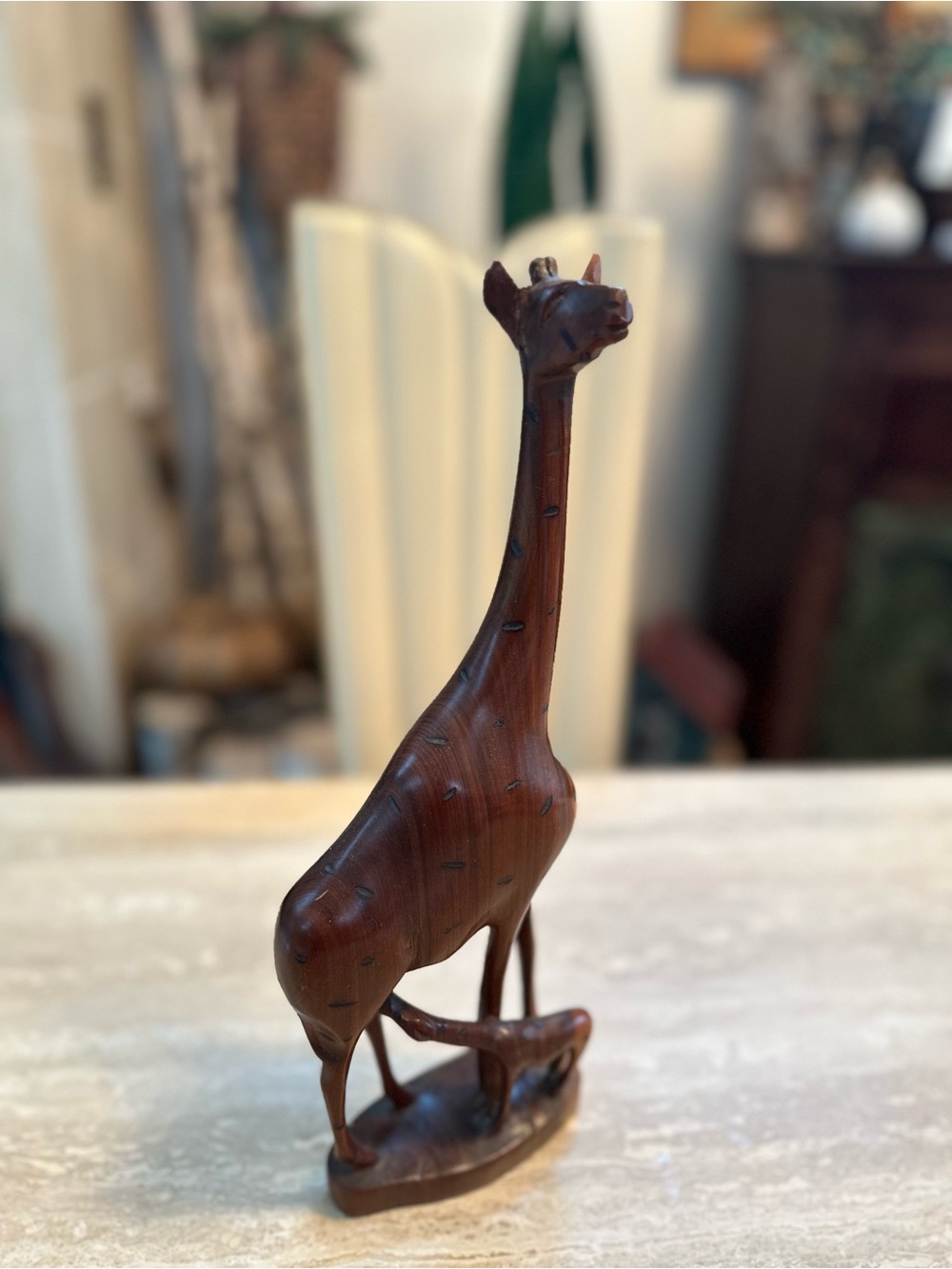 Hand-Carved Wooden Mama baby Giraffe Sculpture - Brown Home Art Accent